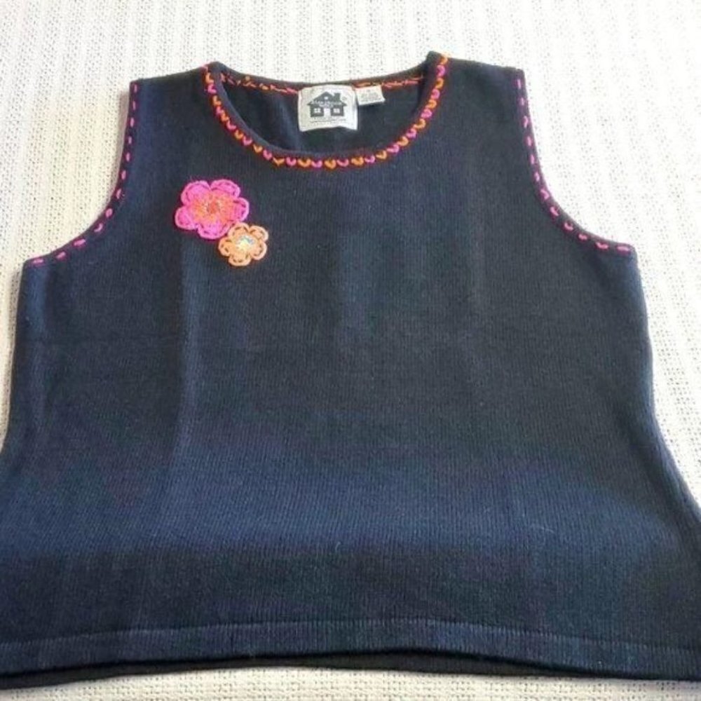 Storybook Knits Vintage Hand Knit Embroidered Flowers Sz 1X Sleeveless Sweater